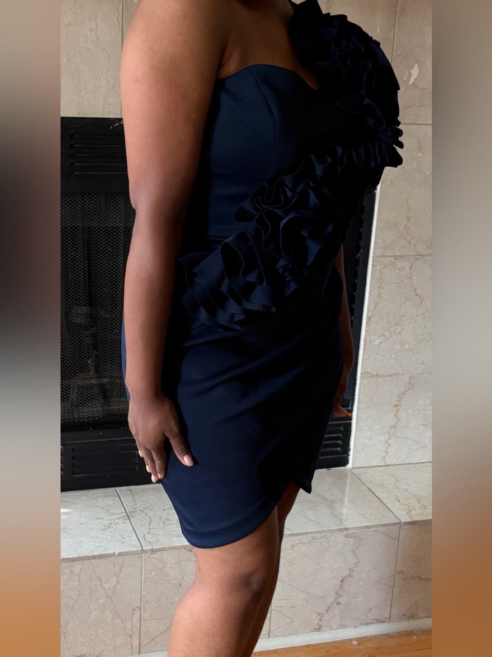 One-Shoulder Navy Ruffle Mini Dress - Picture 3 of 3